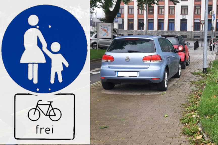 falsch parkende Autos auf Fußweg mit Radverkehr-frei-Schild. Fast die ganze Breite ist versperrt.