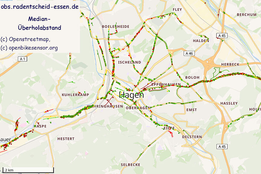 Karte mit farblich markierten Überholabständen